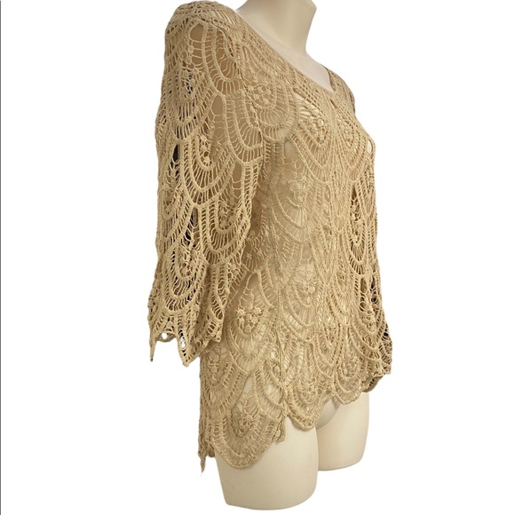 Open Crochet Knit 3/4 Bell Sleeve Boat Neck Scalloped Edge Pullover Sz M - Picture 2 of 8